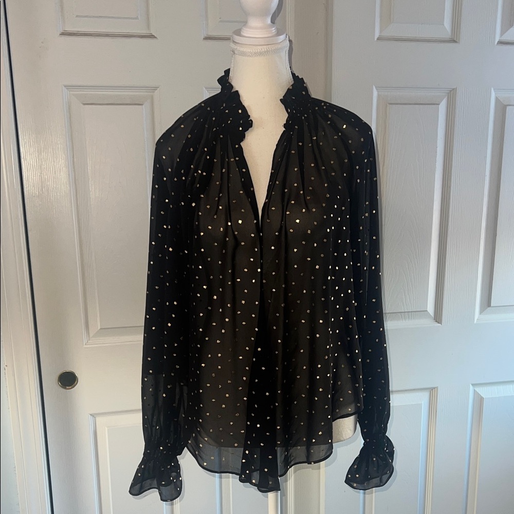 Express Black Sheer Blouse with White Polka Dots